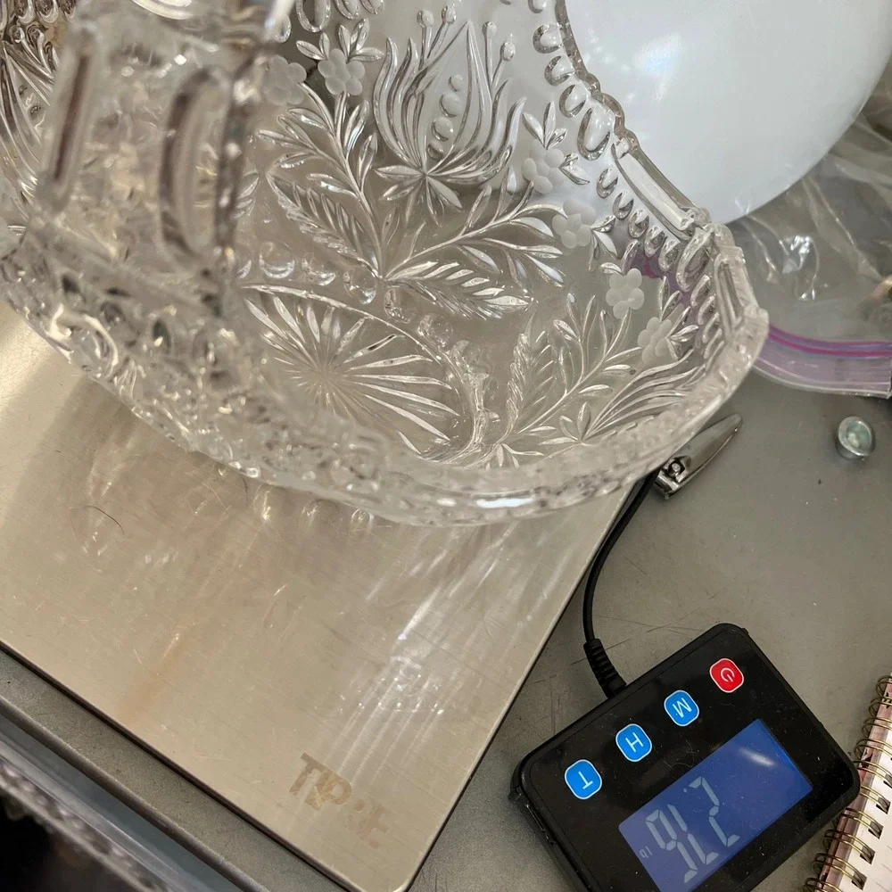 Vintage Clear Etched Crystal Glass Basket Floral Leaf Pattern Applied Handle